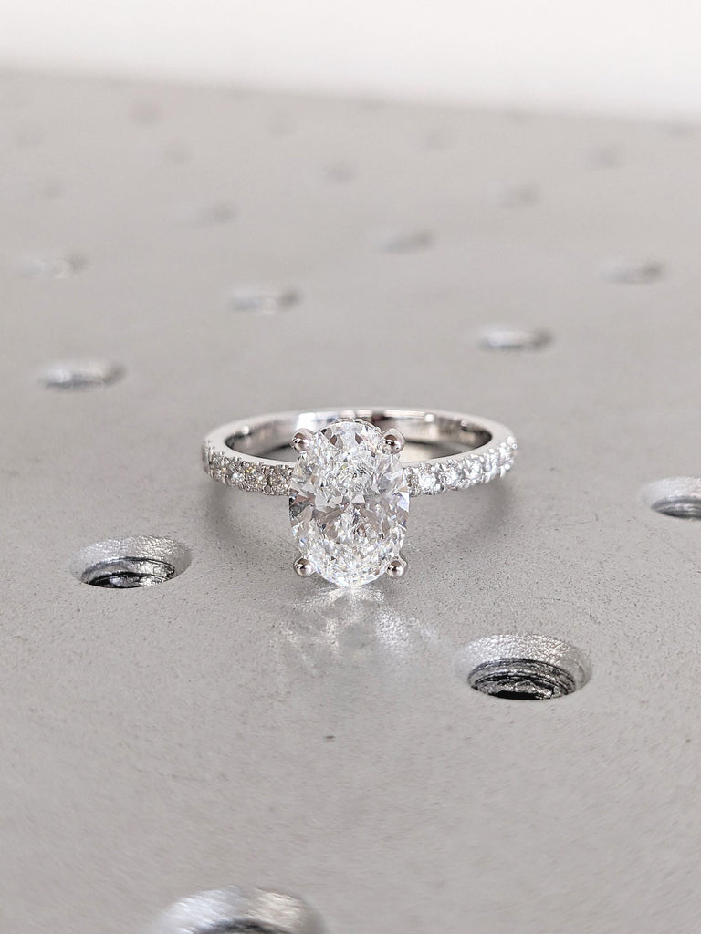 1.5ct Oval Lab Grown Diamond Ring, 14k Gold Engagement Ring, Vintage Lab Created Diamond Ring, Half Eternity Band, Birthday Gifts for Her