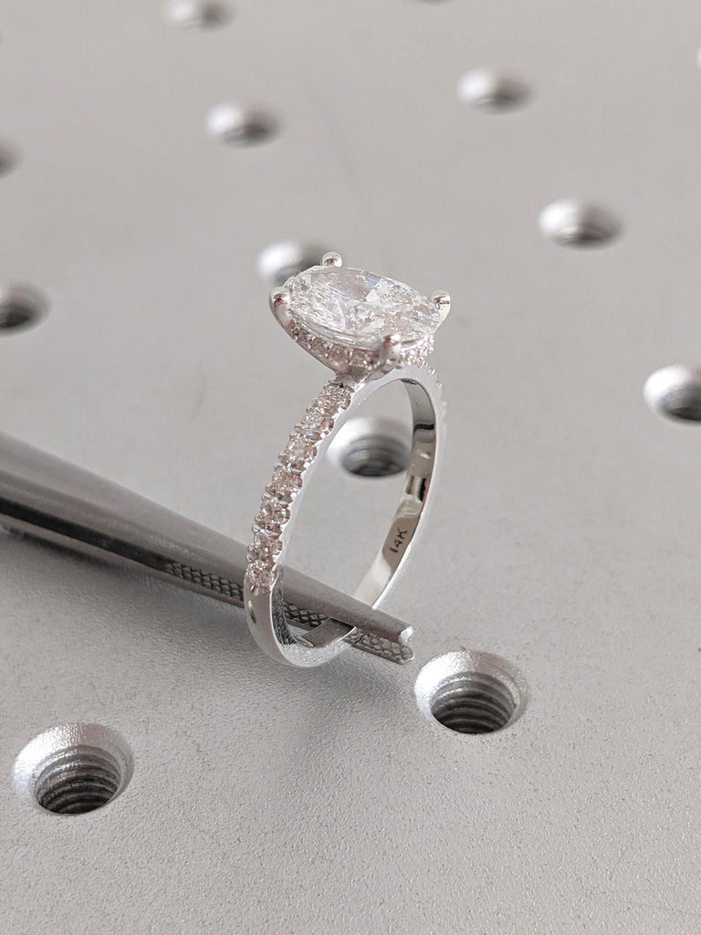 1.5ct Oval Lab Grown Diamond Ring, 14k Gold Engagement Ring, Vintage Lab Created Diamond Ring, Half Eternity Band, Birthday Gifts for Her