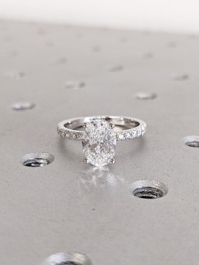 Lab Grown Diamond Engagement Ring, Hidden Halo Oval Ring, Dainty White Gold Ring, Lab Diamond Ring, Half Eternity Ring, Gold Statement Ring