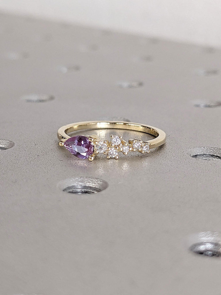 0.5ct Purple Alexandrite Pear cut Ring | 14k & 18k Gold Half Eternity White Diamond Ring / Handmade Diamond Band / Purple Lab Alexandrite and White Diamond Ring / Diamond Wedding Band / Anniversary Ring