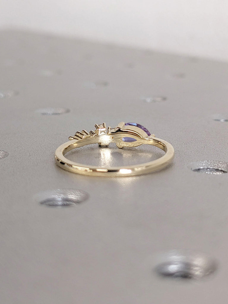 Pear Alexandrite and Round Lab Grown Diamond Cluster Ring | Dainty 14k Gold Ring Women Wedding Band | Unique Stacking Ring, Minimalist Ring