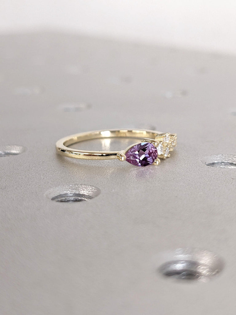 Pear cut Alexandrite, Purple Engagement Ring | 14k Yellow Gold Lab Alexandrite Promise Ring | Dainty Cluster Ring | Moissanite Cluster