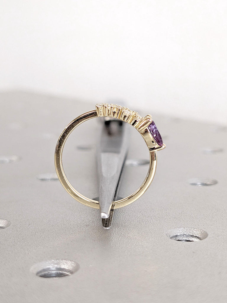 Pear Alexandrite and Round Lab Grown Diamond Cluster Ring | Dainty 14k Gold Ring Women Wedding Band | Unique Stacking Ring, Minimalist Ring