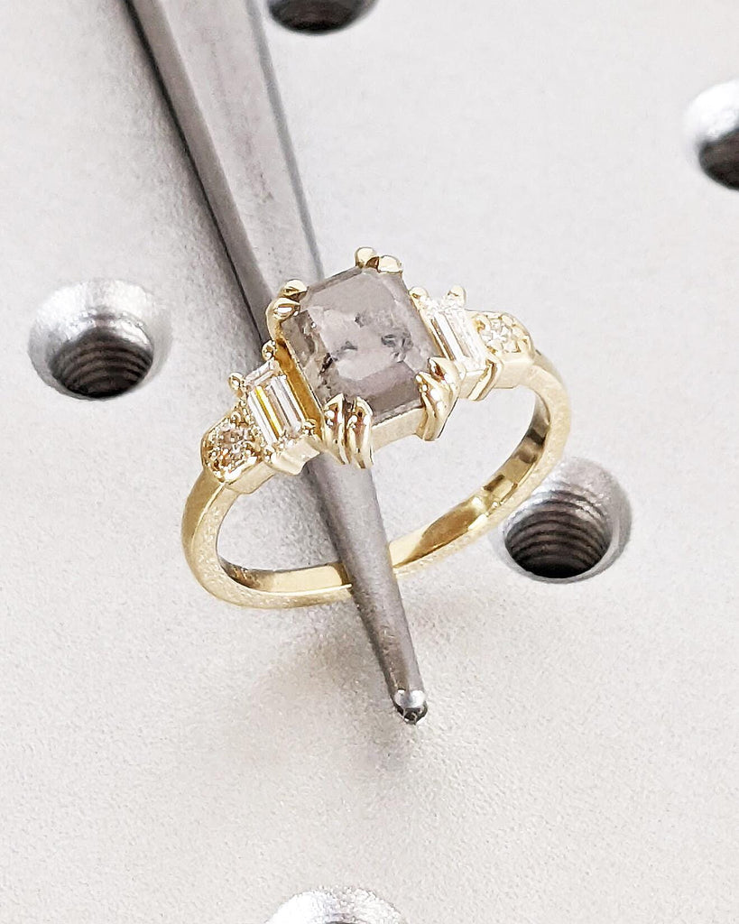 14K Gold Emerald Cut Salt and Pepper Diamond Engagement Ring, Round & Baguette Art Deco Bridal Ring, Double Prong Ring, 5 Stone Wedding Ring