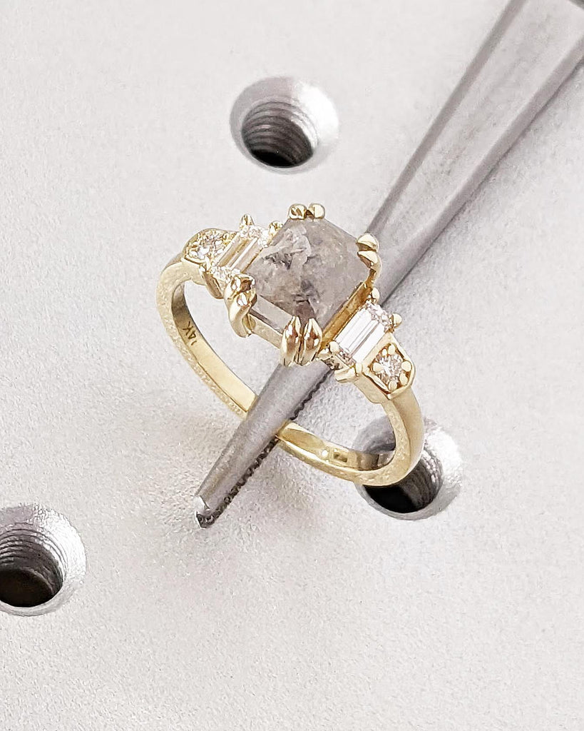 14K Gold Emerald Cut Salt and Pepper Diamond Engagement Ring, Round & Baguette Art Deco Bridal Ring, Double Prong Ring, 5 Stone Wedding Ring