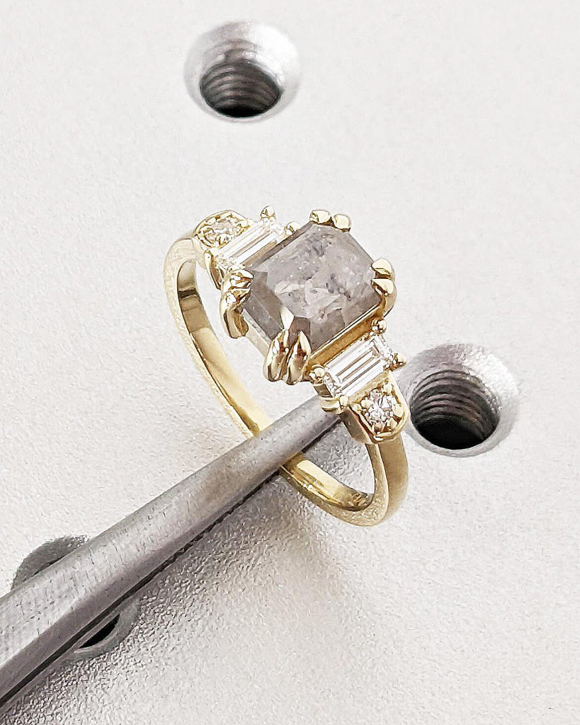 14K Gold Emerald Cut Salt and Pepper Diamond Engagement Ring, Round & Baguette Art Deco Bridal Ring, Double Prong Ring, 5 Stone Wedding Ring