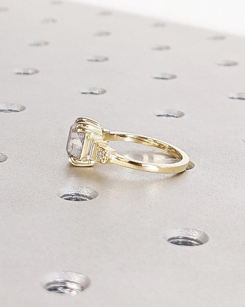 14K Gold Emerald Cut Salt and Pepper Diamond Engagement Ring, Round & Baguette Art Deco Bridal Ring, Double Prong Ring, 5 Stone Wedding Ring