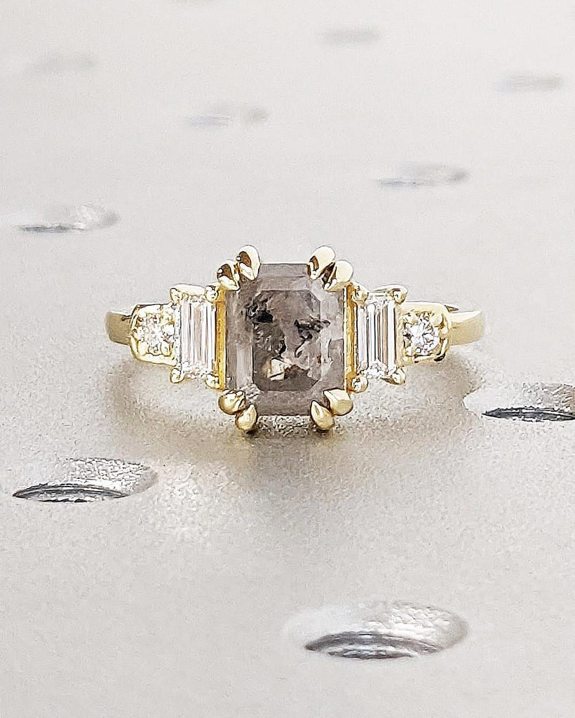 14K Gold Emerald Cut Salt and Pepper Diamond Engagement Ring, Round & Baguette Art Deco Bridal Ring, Double Prong Ring, 5 Stone Wedding Ring