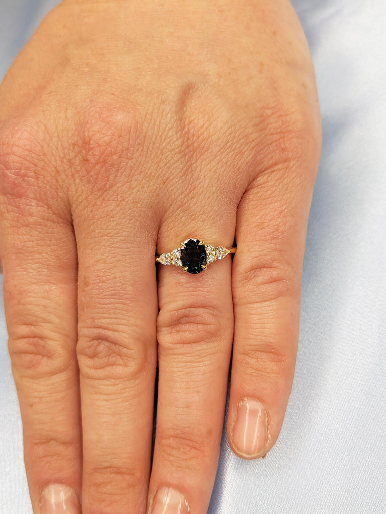 Art Deco Montana Sapphire Ring, Dainty 14k Solid Gold Oval Engagement Ring, Vintage Diamond Cluster Ring, One of a Kind Teal Sapphire Ring