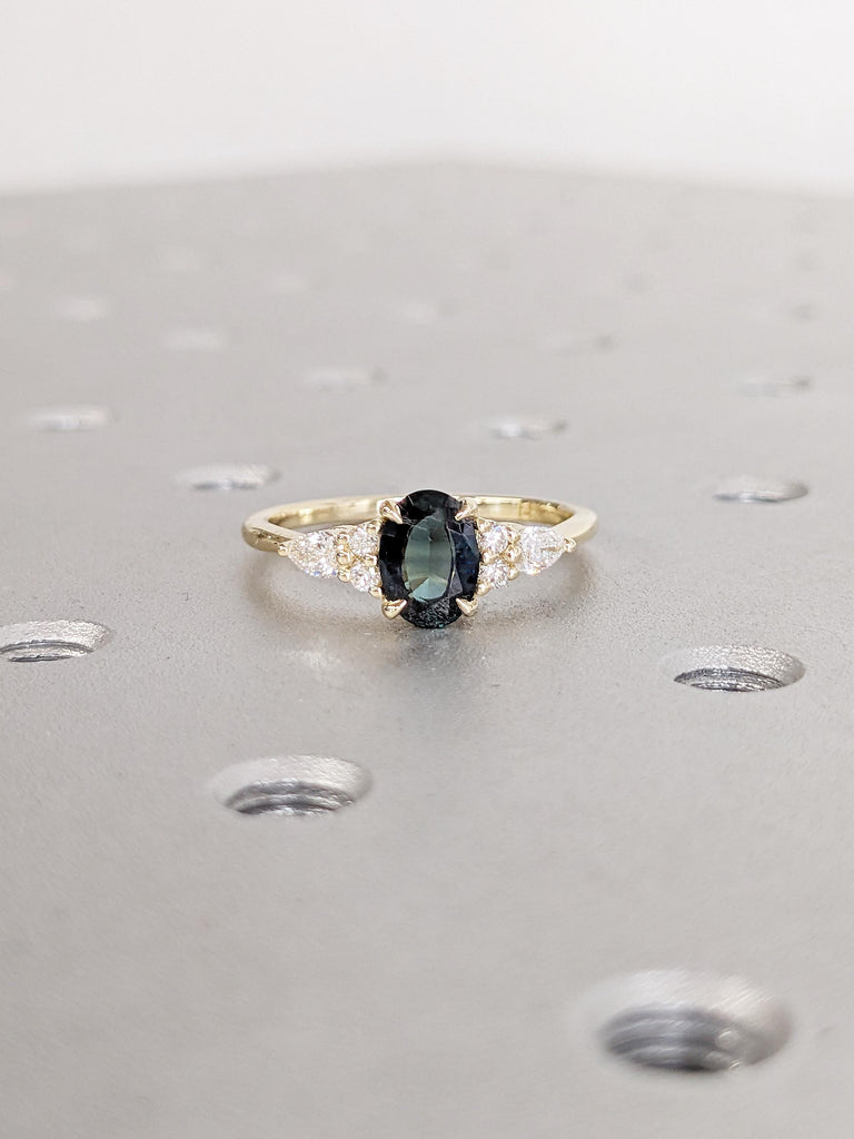 Art Deco Montana Sapphire Ring, Dainty 14k Solid Gold Oval Engagement Ring, Vintage Diamond Cluster Ring, One of a Kind Teal Sapphire Ring