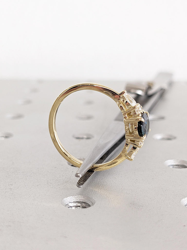 Art Deco Montana Sapphire Ring, Dainty 14k Solid Gold Oval Engagement Ring, Vintage Diamond Cluster Ring, One of a Kind Teal Sapphire Ring