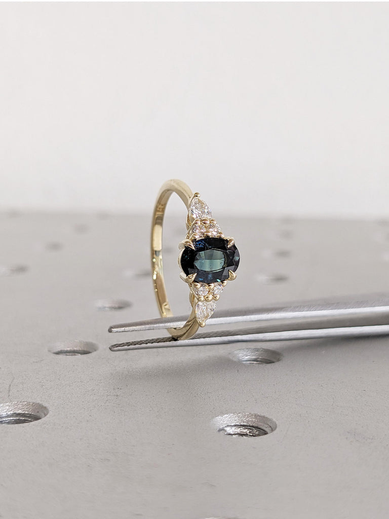 Art Deco Montana Sapphire Ring, Dainty 14k Solid Gold Oval Engagement Ring, Vintage Diamond Cluster Ring, One of a Kind Teal Sapphire Ring