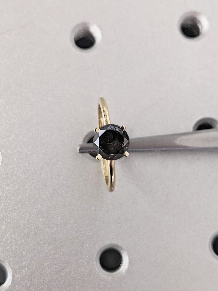 Salt and Pepper Diamond Engagement Ring, Round 14k Gold Simple Rings for Women, Comfort Fit Diamond Ring, Gift for Wife, Dainty Promise Ring