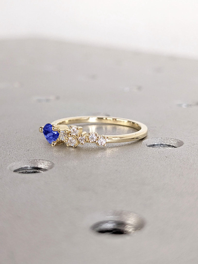 0.5ct Sapphire and Lab Created Diamond Cluster Ring | 14k Solid Yellow Gold Ring | Unique Pear Wedding Ring | Vintage Stacking Ring Gift