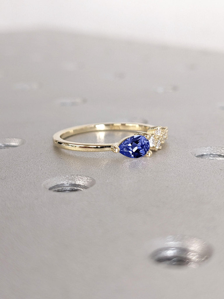 Dreamy Pear cut Sapphire and Round Cut Lab Grown Diamond Cluster Ring | IGI Certified Diamond Ring | 14k Gold Blue Sapphire Engagement Ring | Woman Minimal Ring