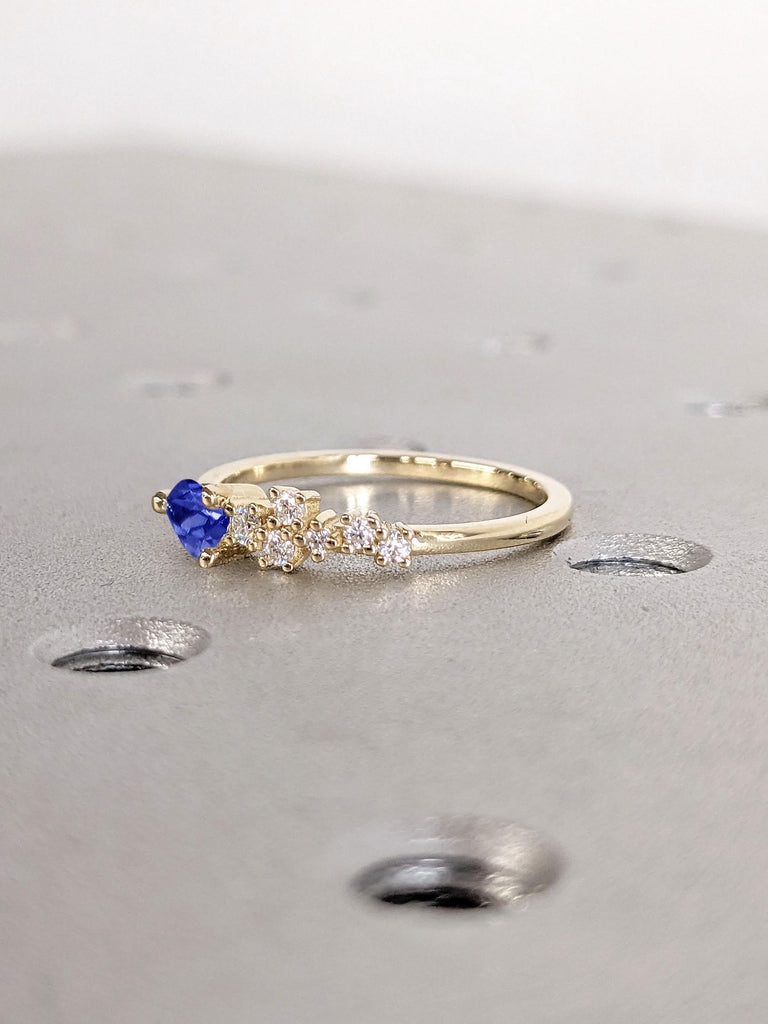 Pear cut Sapphire and Round Moissanite Promise Ring | Real Gold Blue Sapphire Engagement Ring | IGI Certified Diamond Woman Minimalist Ring