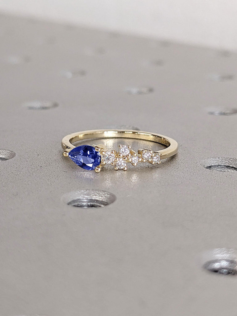 Dreamy Pear cut Sapphire and Round Cut Lab Grown Diamond Cluster Ring | IGI Certified Diamond Ring | 14k Gold Blue Sapphire Engagement Ring | Woman Minimal Ring