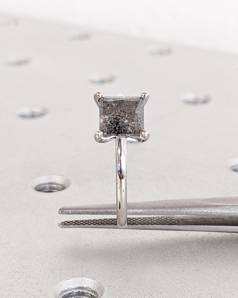 Dainty Solitaire Ring - Grey Salt and Pepper Diamond Ring - Square Diamond Princess Cut Ring - Platinum Ring - Solid Gold Ring - Minimalist