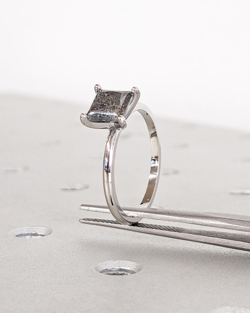 Dainty Solitaire Ring - Grey Salt and Pepper Diamond Ring - Square Diamond Princess Cut Ring - Platinum Ring - Solid Gold Ring - Minimalist