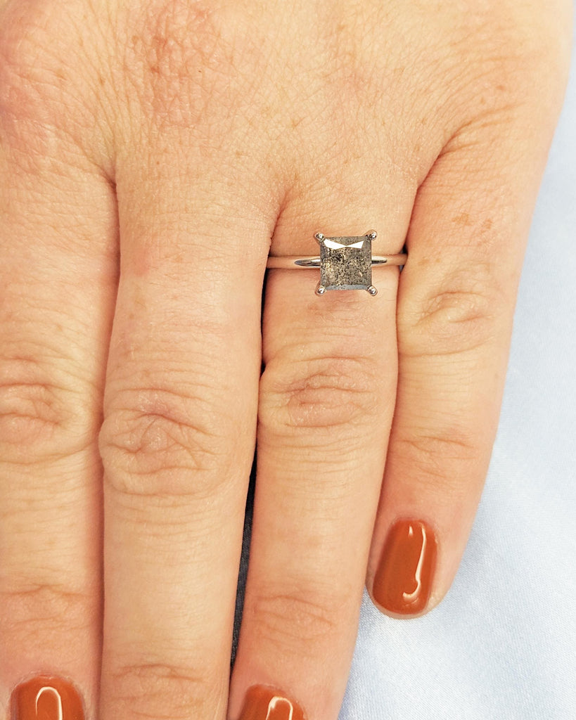 Dainty Solitaire Ring - Grey Salt and Pepper Diamond Ring - Square Diamond Princess Cut Ring - Platinum Ring - Solid Gold Ring - Minimalist