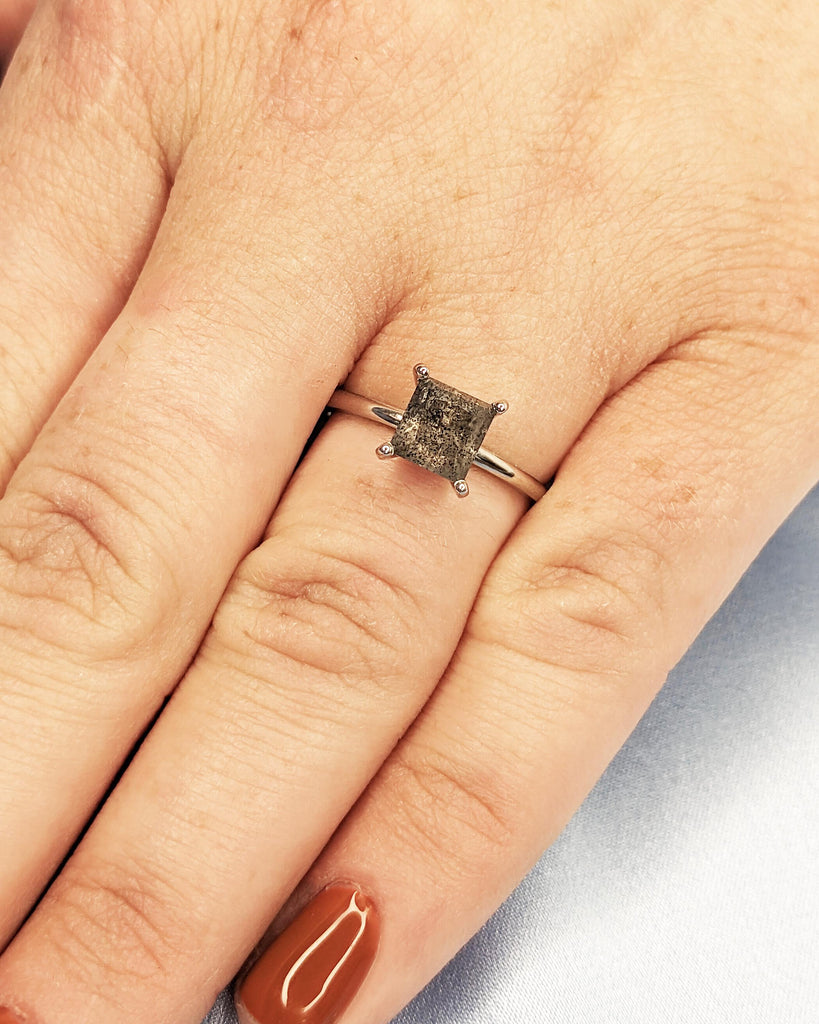 Dainty Solitaire Ring - Grey Salt and Pepper Diamond Ring - Square Diamond Princess Cut Ring - Platinum Ring - Solid Gold Ring - Minimalist