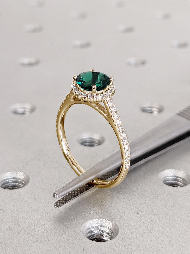 Round Lab Grown Emerald Engagement Ring, Diamond Halo 14k Solid Gold Ring, Comfort fit Eternity Ring, Art Deco Lab Emerald Ring, Bridal Gift