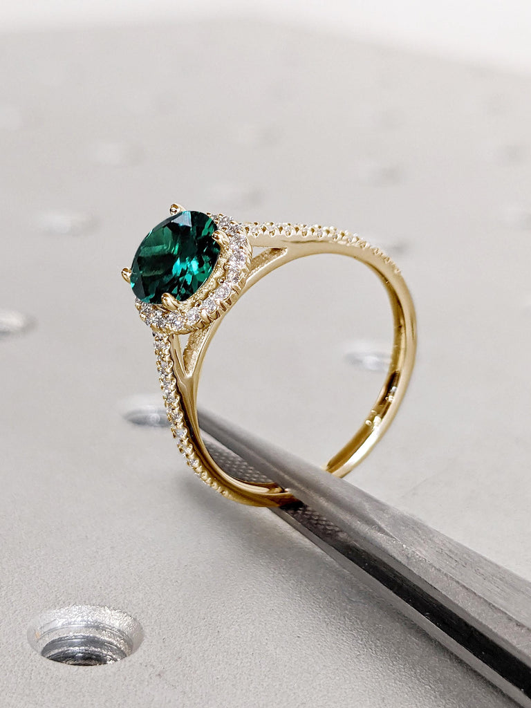 Comfort Fit Lab Created Emerald Ring | 14k Yellow Gold Engagement Ring | Vintage Halo Wedding Ring | Half Eternity Gold Promise Ring for Her