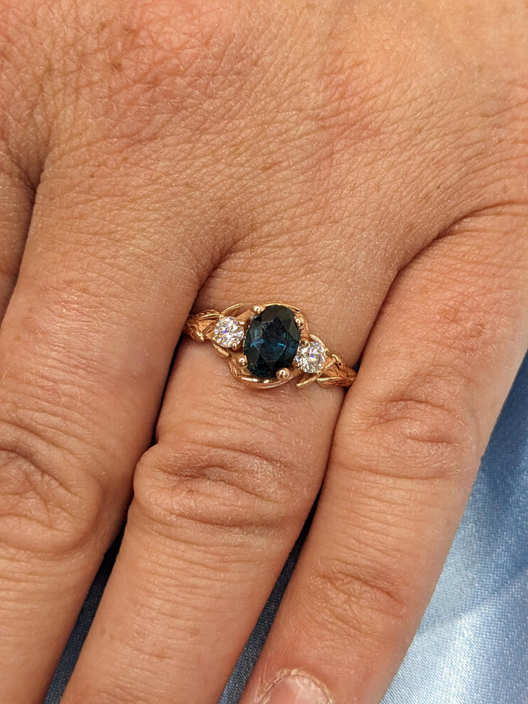 Nature Inspired Engagement Ring, Peacock Sapphire Ring, 18K Rose Gold Anniversary Ring, Oval Cut Ring, Art Deco Promise Ring, Gemstone Ring
