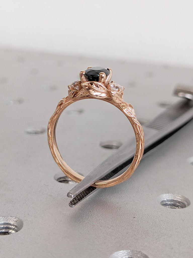 Blue Green Sapphire Ring, Oval Engagement Ring, Dainty 18k Rose Gold Ring, Vintage Nature Inspired Ring, Montana Sapphire and Diamond Ring