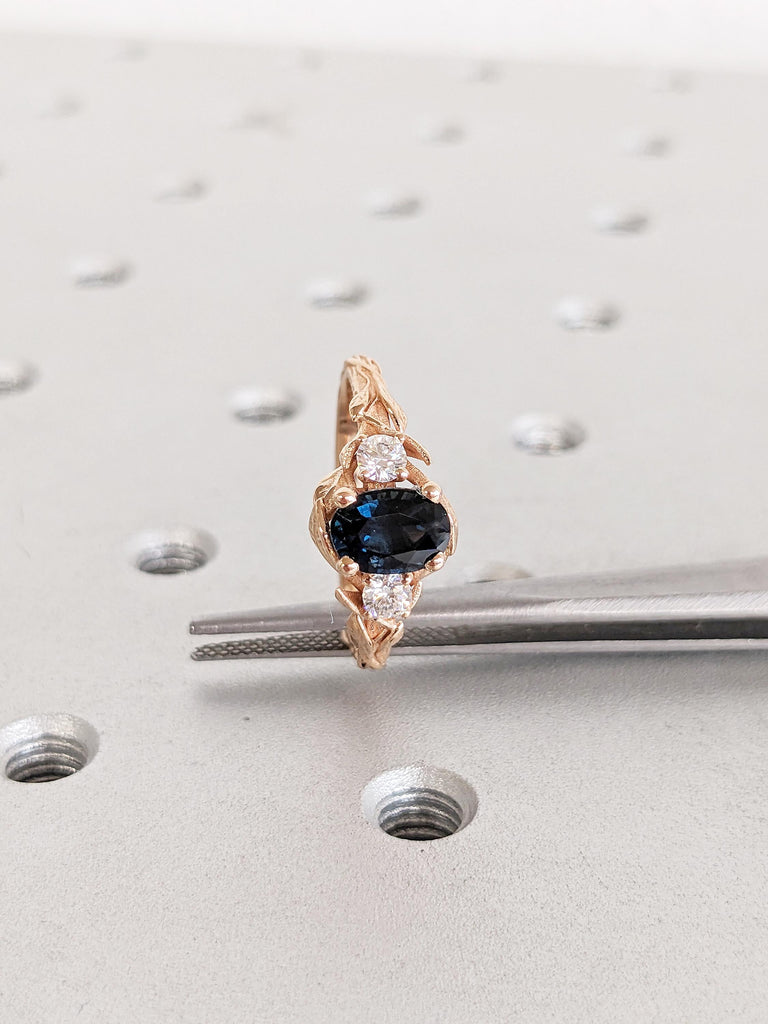 Blue Green Sapphire Ring, Oval Engagement Ring, Dainty 18k Rose Gold Ring, Vintage Nature Inspired Ring, Montana Sapphire and Diamond Ring