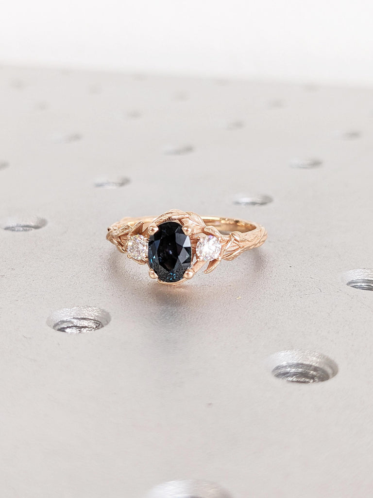 Nature Inspired Engagement Ring, Peacock Sapphire Ring, 18K Rose Gold Anniversary Ring, Oval Cut Ring, Art Deco Promise Ring, Gemstone Ring