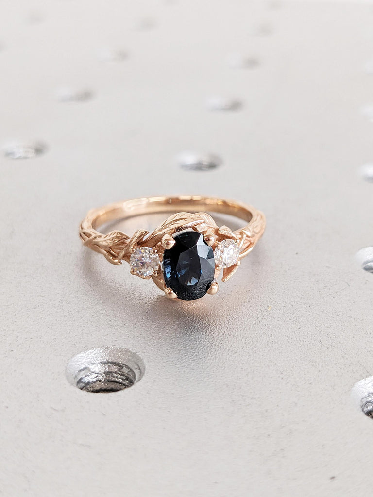 Nature Inspired Engagement Ring, Peacock Sapphire Ring, 18K Rose Gold Anniversary Ring, Oval Cut Ring, Art Deco Promise Ring, Gemstone Ring