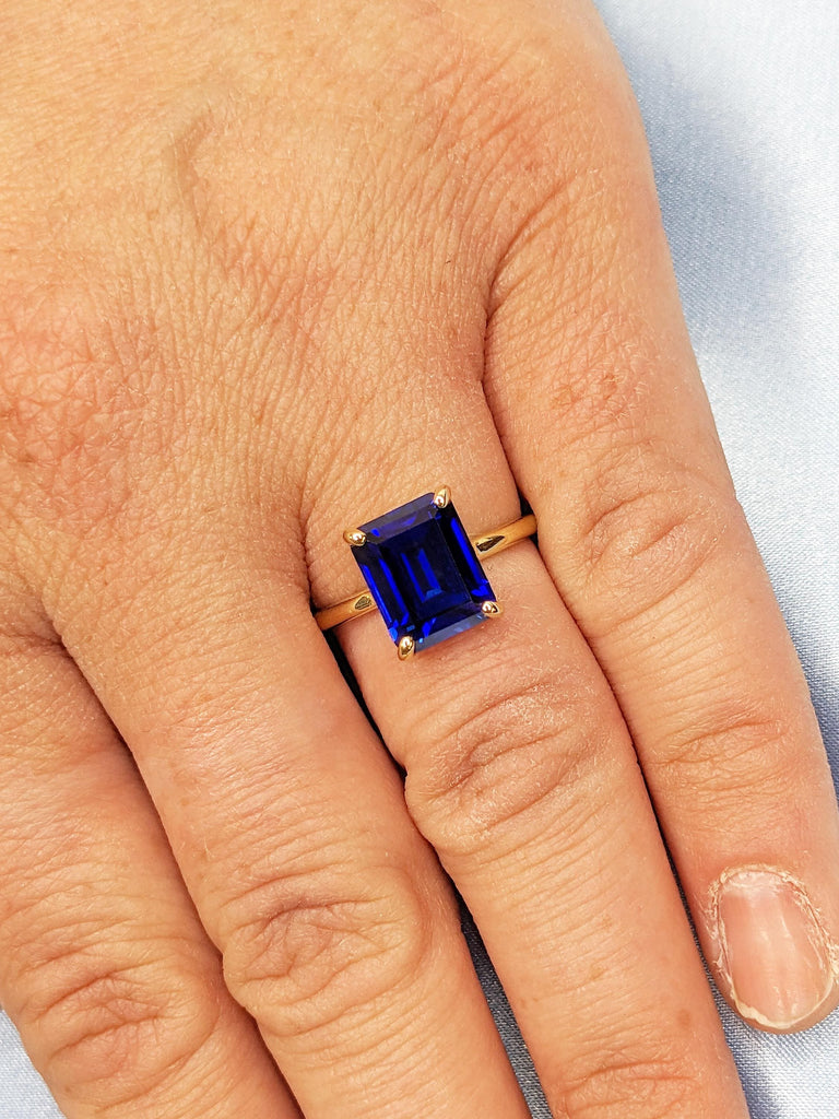Emerald Cut Ring, 14k Gold Engagement Ring, Lab Created Sapphire Ring, Gold Statement Ring, Vintage Gemstone Ring, Sapphire Solitaire Ring