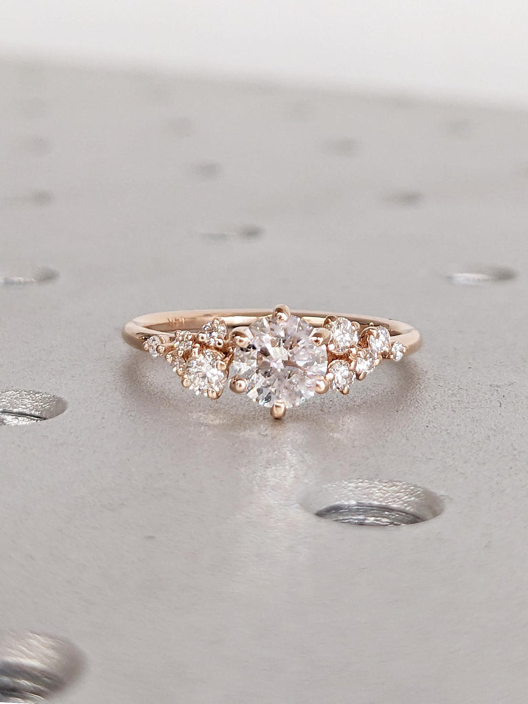 Round Cut Lab Grown Diamond Ring, Vintage 14k Rose Gold Engagement Ring, Snowdrift Diamond Cluster Ring, Art Deco Lab Created Diamond Ring