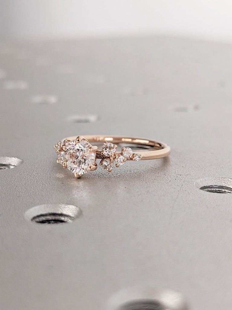 Round Cut Moissanite Engagement Ring, Dainty Rose Gold Ring, Snowdrift Diamond Cluster Ring, Moissanite Promise Rings for Women, Bridal Gift