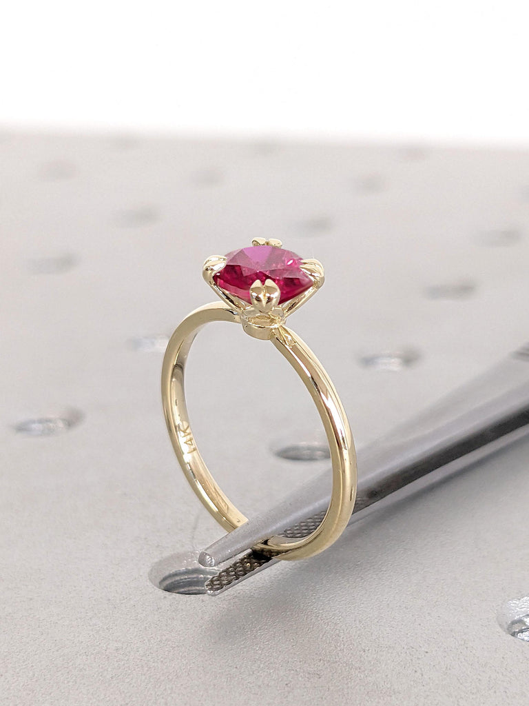 Round cut Red Ruby Solitaire Engagement Ring | 14k 18k Yellow Gold Wedding Band | Unique Double Claws Prong Tulip Ring | Woman Promise Ring