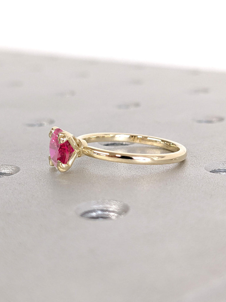 Round cut Red Ruby Solitaire Engagement Ring | 14k 18k Yellow Gold Wedding Band | Unique Double Claws Prong Tulip Ring | Woman Promise Ring