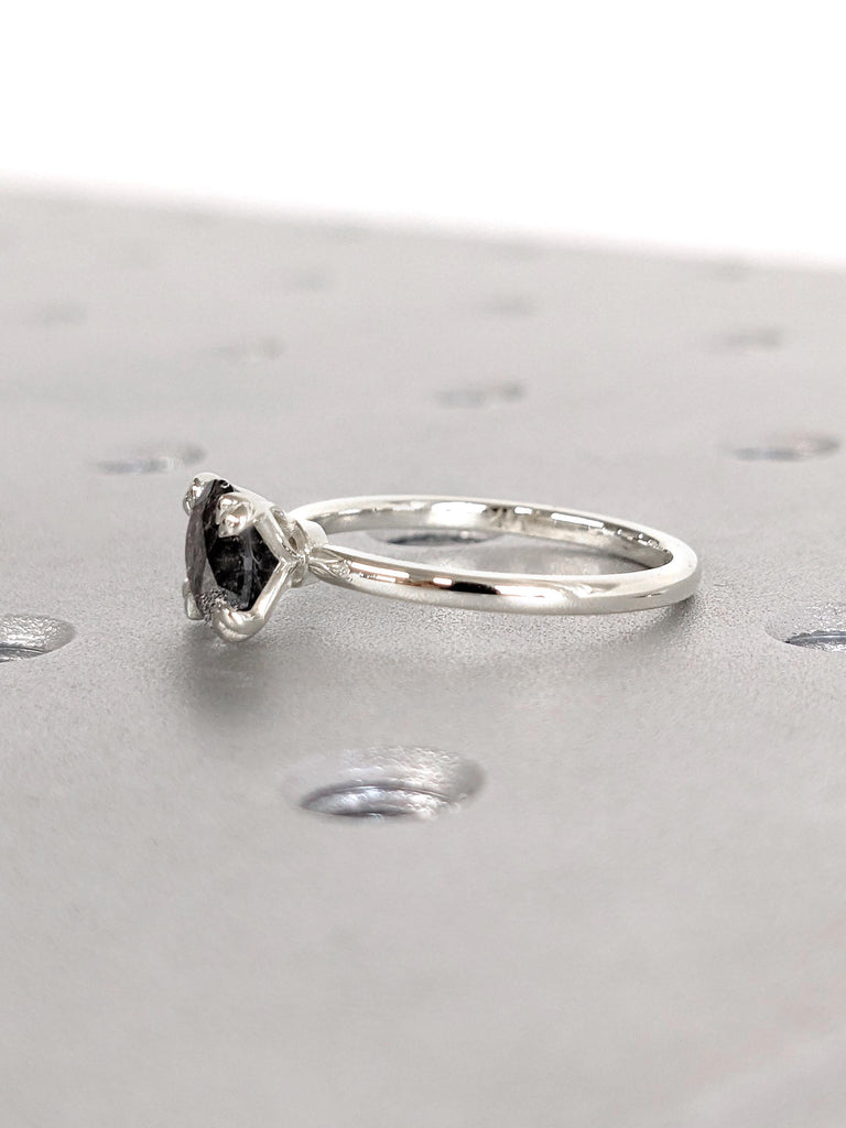 1-2 Carat Round Cut Raw Salt and Pepper Black Diamond Ring | Minimalist Solitaire Comfort Fit Thin Ring | Round cut Diamond Engagement Ring