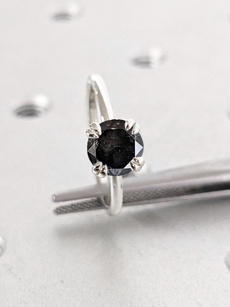 1-2 Carat Round Cut Raw Salt and Pepper Black Diamond Ring | Minimalist Solitaire Comfort Fit Thin Ring | Round cut Diamond Engagement Ring
