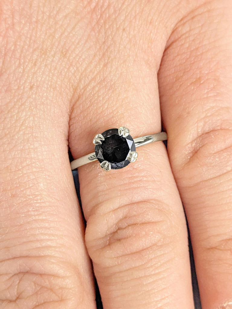 Double Prong Salt and Pepper Grey Diamond Ring | Comfort Fit Engagement Rings | 14k Gold Rings for Women | Simple Promise Ring