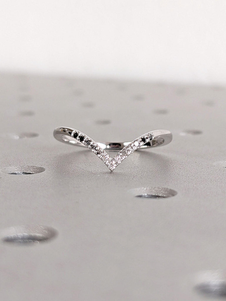 14k White Gold Natural Diamond V Shaped Wedding Band | Ombre Diamond Chevron Eternity Ring | Black and White Diamond Half Eternity Ring | Stacking Ring