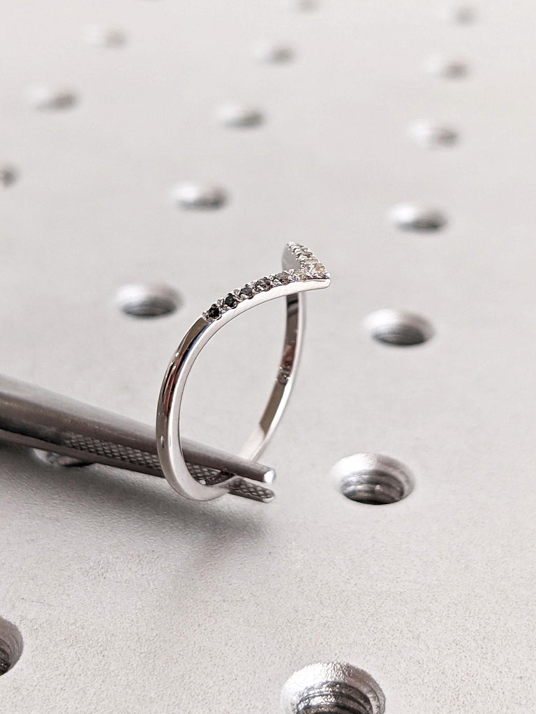 Black Grey White Tiny Round Diamond Woman Wedding Ring | Thin Gold Rings for Women | Dainty Stacking Ring | White Gold Half Eternity Band