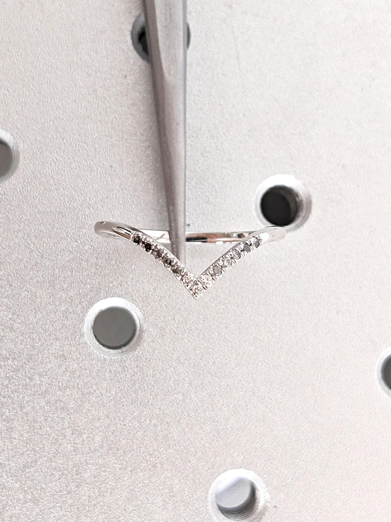 Black Grey White Tiny Round Diamond Woman Wedding Ring | Thin Gold Rings for Women | Dainty Stacking Ring | White Gold Half Eternity Band