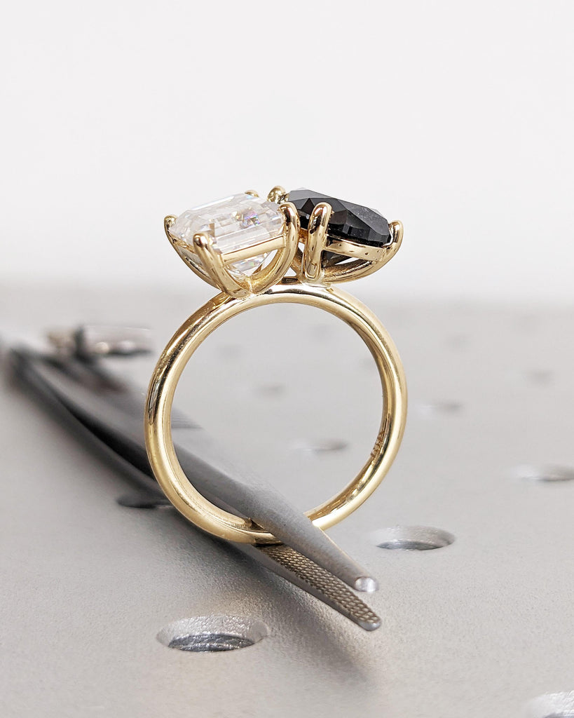 Lab Diamond and Black Diamond Ring - Emerald and Pear Engagement Ring - Black and White - Toi et Moi - Me & You Double Stone Engagement Ring