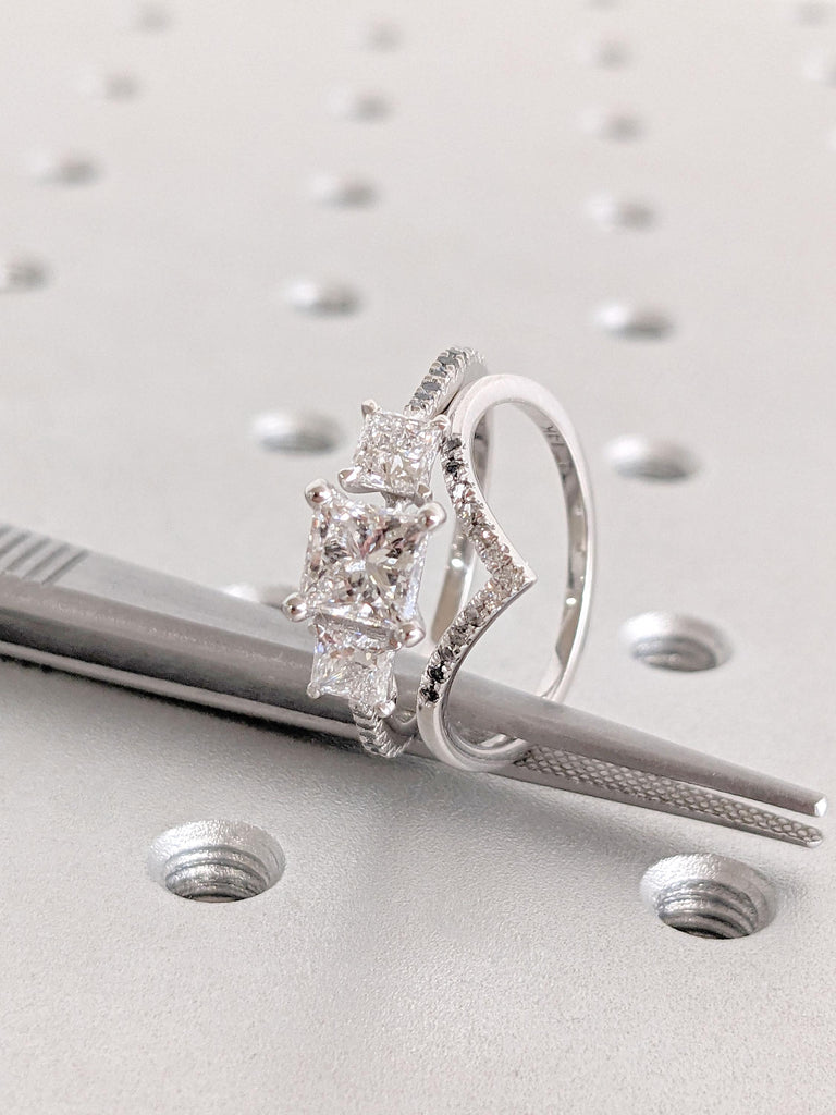 1CT Certified Man Made Diamond Engagement Ring | Matching V Shaped Wedding Ring | Real White Gold Thin Engagement Ring | Ombre Diamond Ring