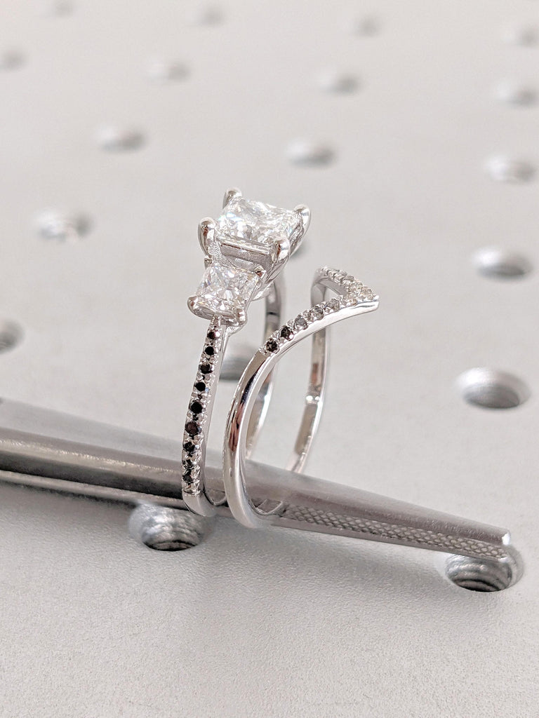 Unique Diamond and Moissanite Princess Engagement Ring Bridal Set | Chevron Half Eternity Ring | Promise Ring | 1-2CT IGI Lab Diamond Ring