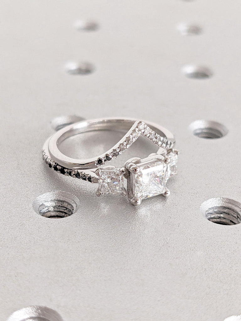 D/F Color VVS Lab Grown Diamond Engagement Stacking Ring Set | Chevron Diamond Eternity Band | Tiny Black Diamond White Gold Rings for Women