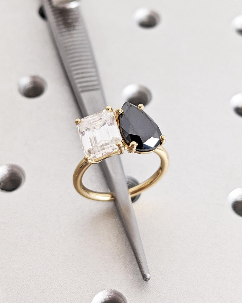 Toi et Moi Lab Diamond & Black Diamond Ring, Double Stone Emerald cut and Pear cut Engagement Ring, White and Black Stone Ring, Gold Promise Ring, Anniversary Gift