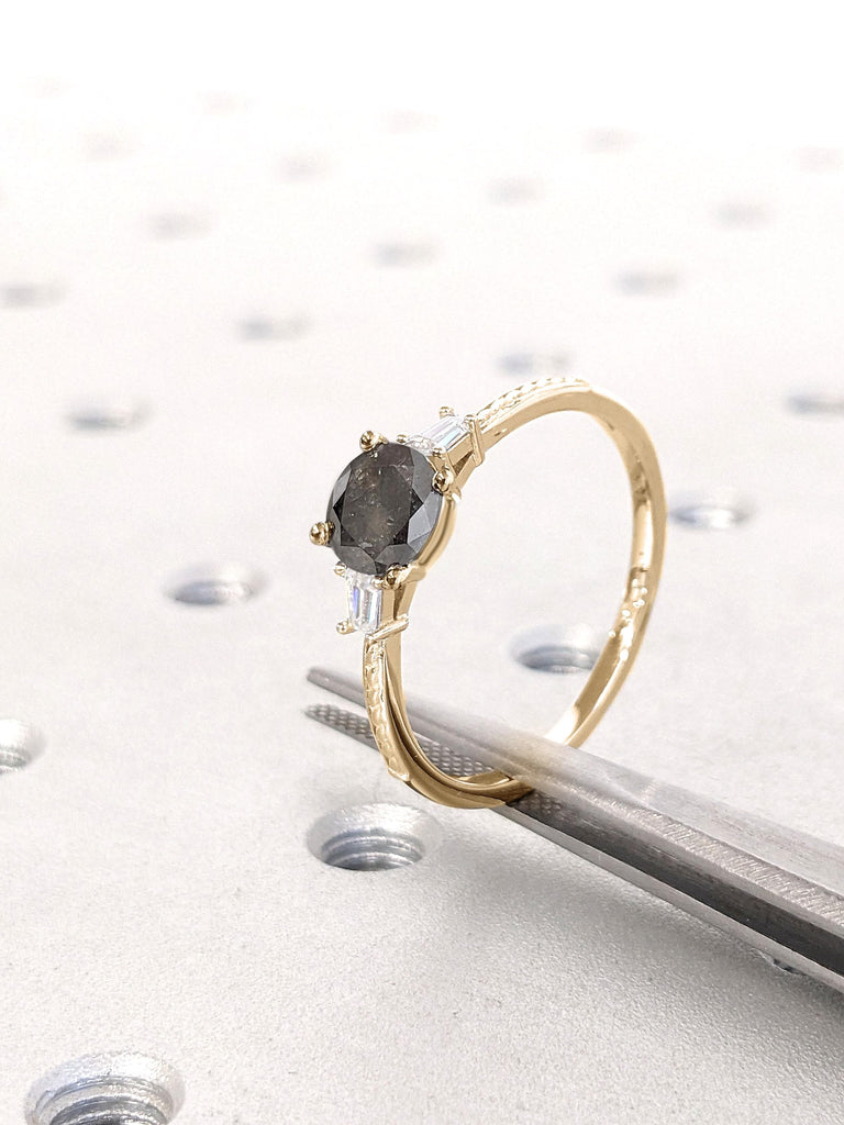 1.5 Carat Raw Salt and Pepper Black Diamond Engagement Ring | Yellow Gold Promise Ring | Wedding Ring Anniversary Gift for Wife
