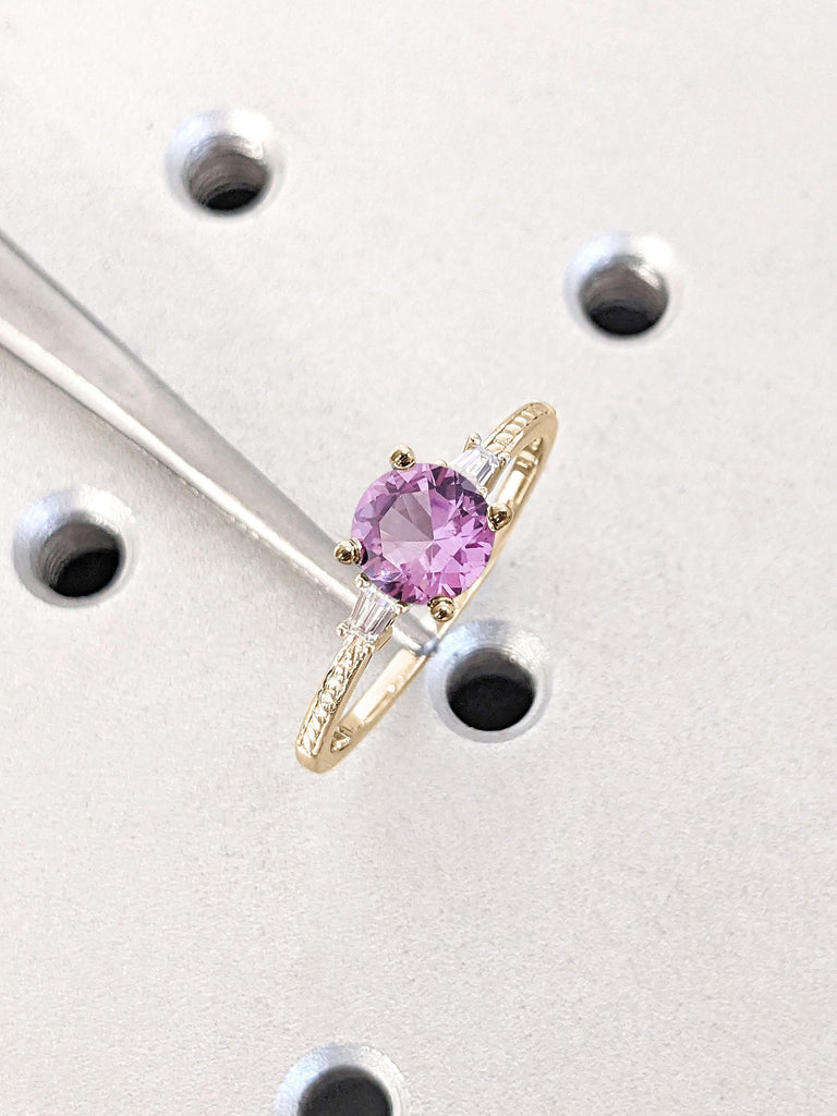 Purple Alexandrite Vintage Engagement Ring | Round Engagement Ring | 14K Yellow Gold Unique Alexandrite Promise Ring For Her | Handmade Ring